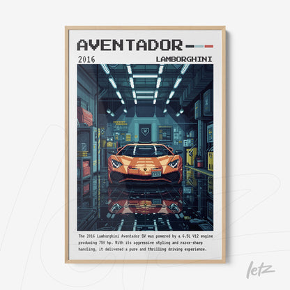 quadro emoldurado com arte digital detalhando o carro Lamborghini Aventador em um ambiente de garagem, com o fundo em cores escuras e iluminação suave destacando o veículo laranja brilhante