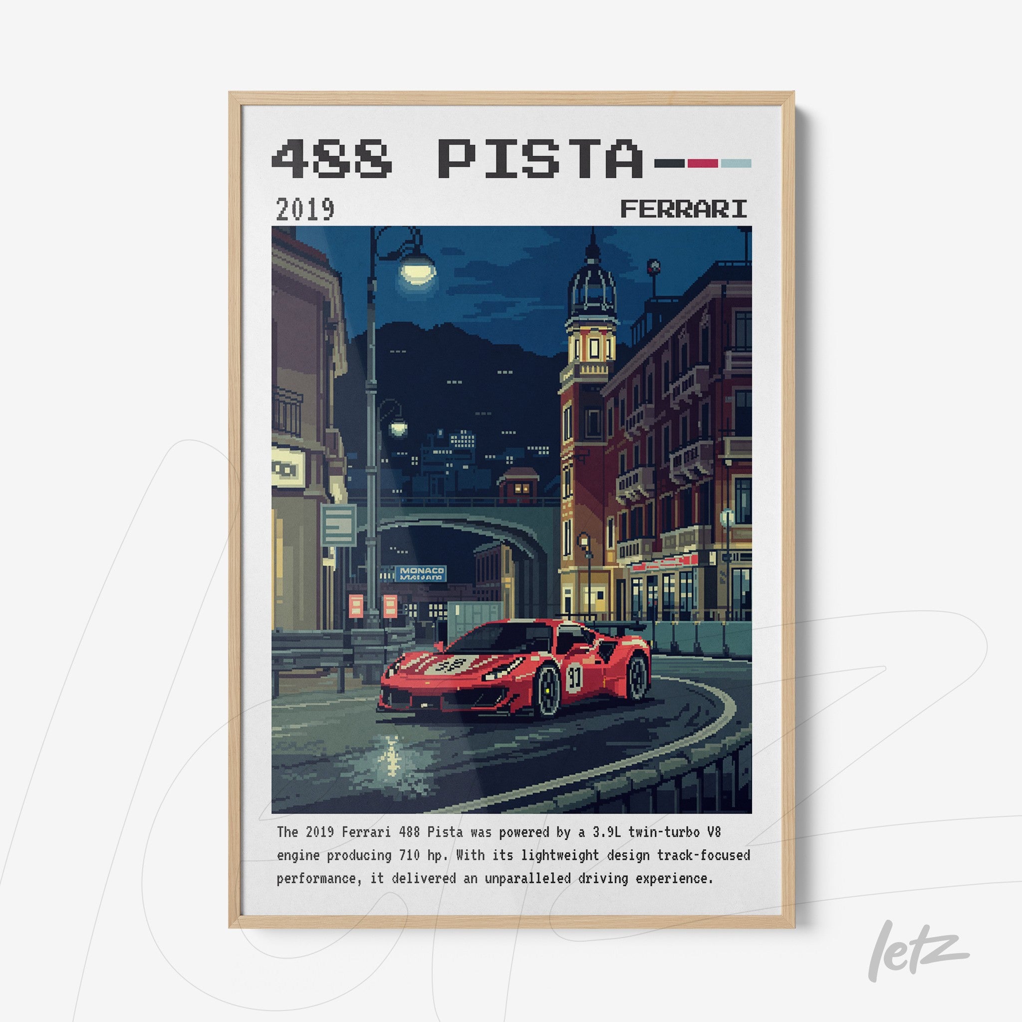 quadro com arte digital de um carro Ferrari 488 Pista em uma cena noturna na cidade, moldura de madeira clara