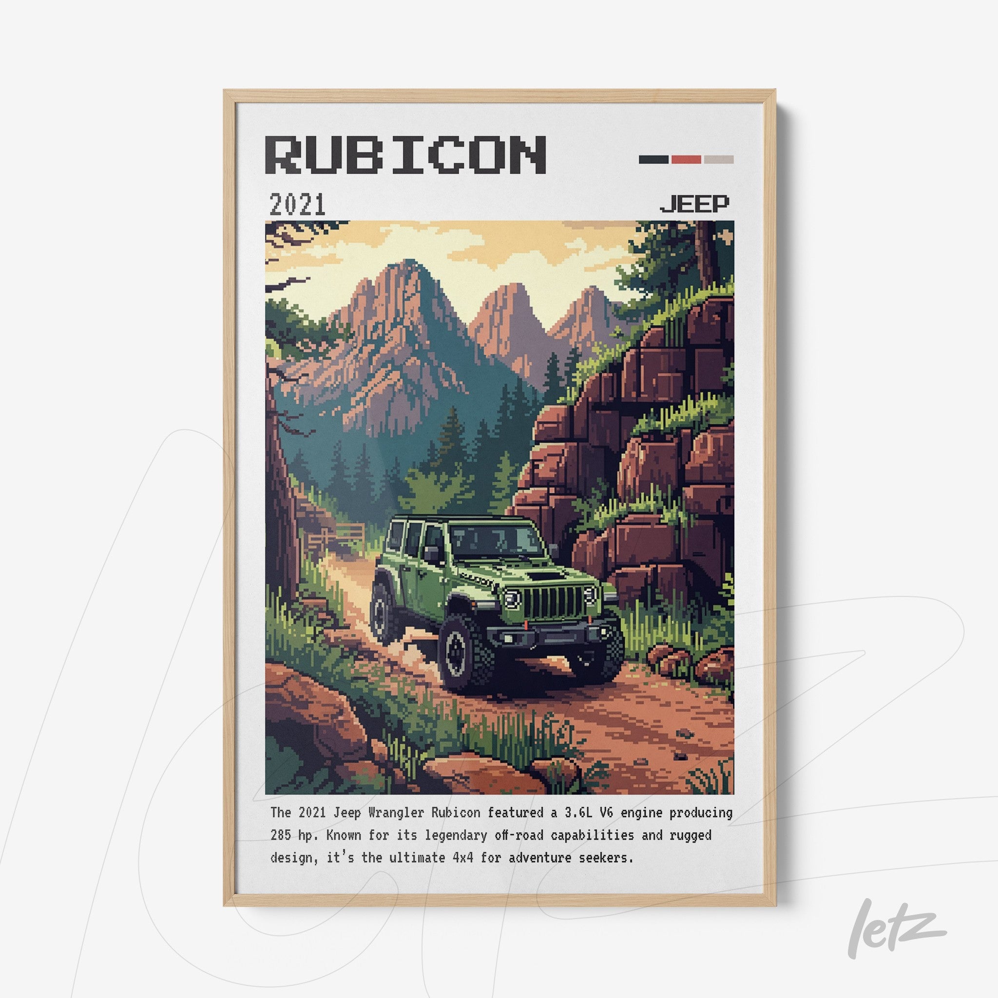 quadro com arte em estilo retro do Jeep Rubicon 2021 em fundo de montanhas e estrada de terra com moldura clara