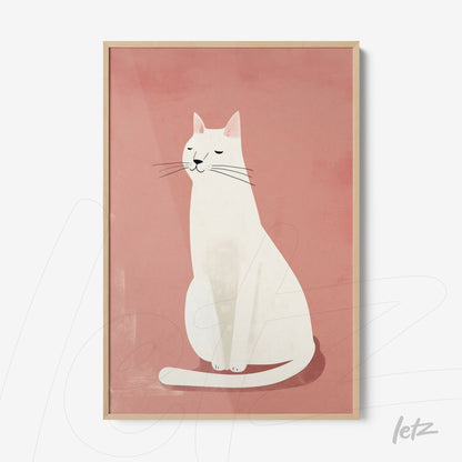 quadro com ilustração minimalista de um gato branco em fundo rosa, moldura de madeira clara