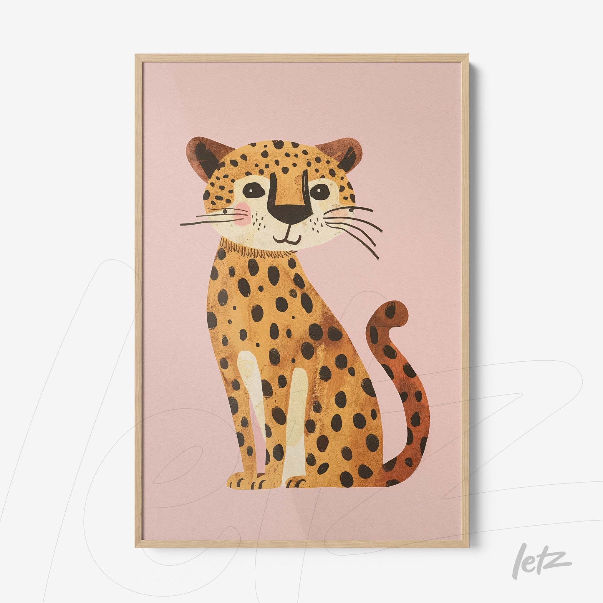quadro com ilustração de um gato-pardal sorridente em fundo rosa e moldura de madeira clara