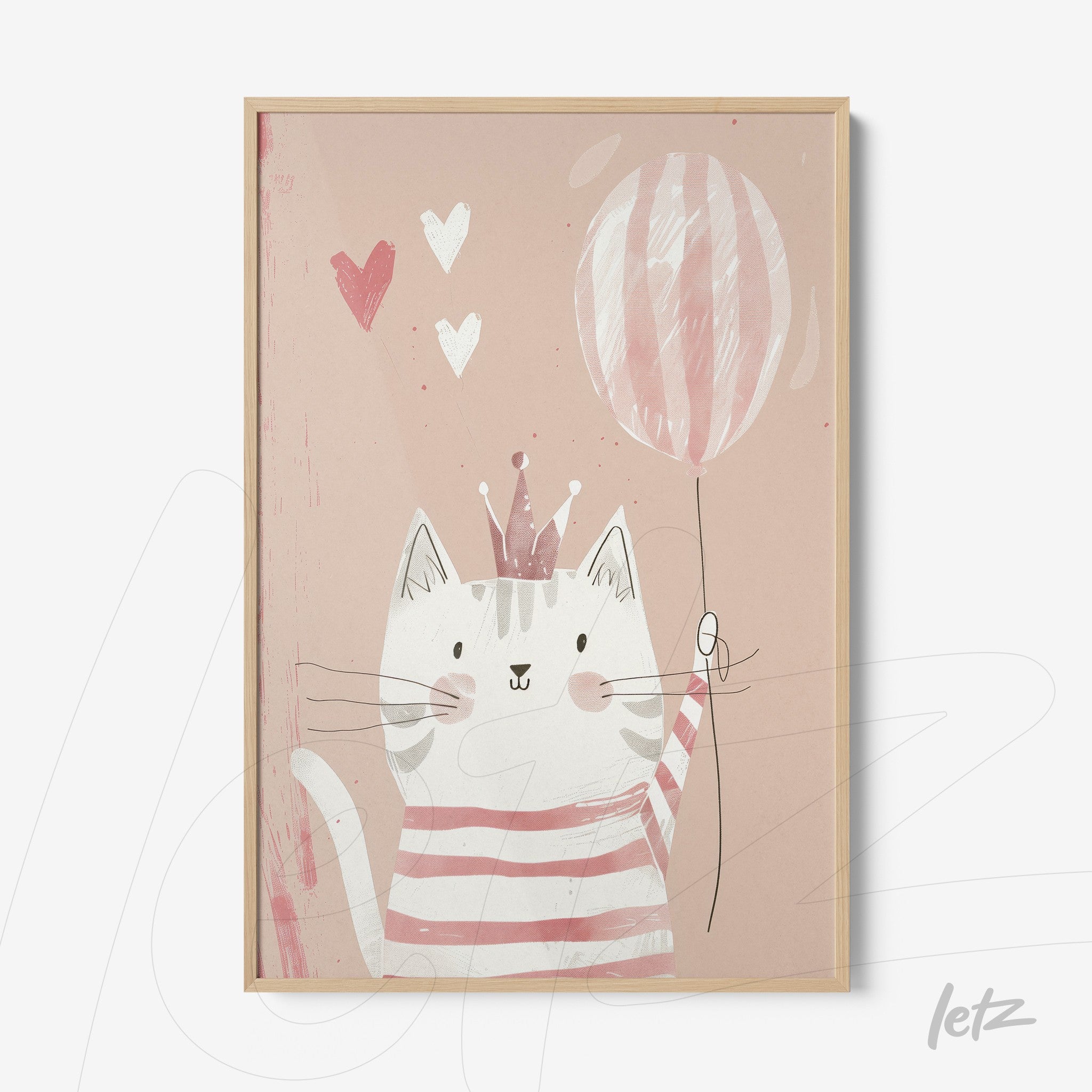 quadro com ilustração de gato celebrando com balão e corações em fundo rosa, moldura clara