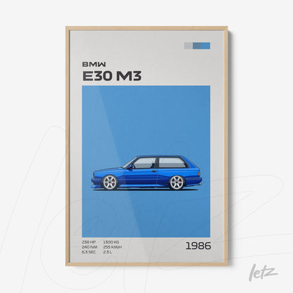 quadro com arte digital do carro BMW E30 M3 em fundo azul com moldura de madeira clara