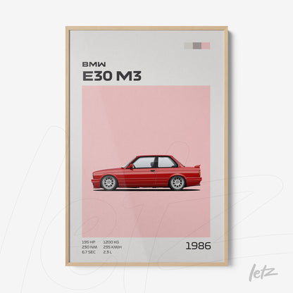 quadro decorativo com a ilustração do carro BMW E30 M3 em fundo rosa com moldura de madeira clara