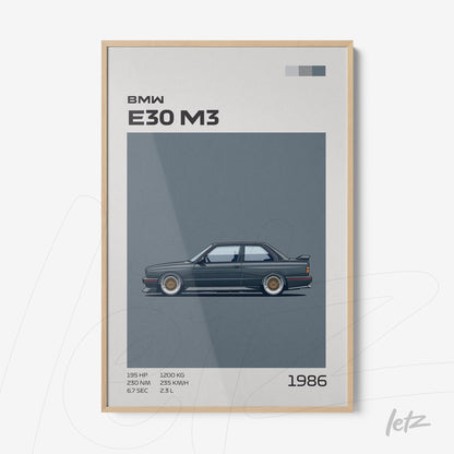quadro com arte minimalista do carro BMW E30 M3 em moldura clara, fundo padrão cinza