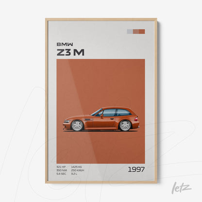 quadro com ilustração estilizada do carro BMW Z3M de 1997 em moldura de madeira clara