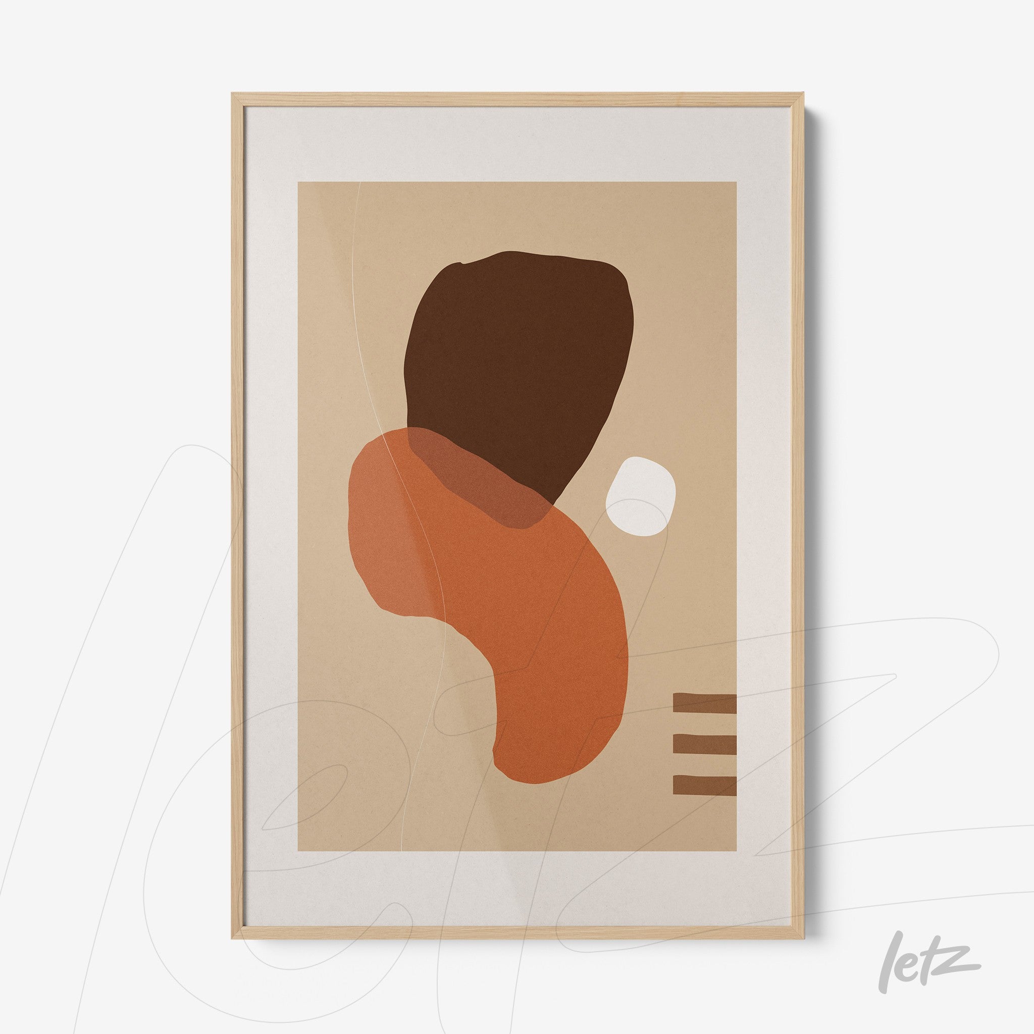 pôster abstrato com formas orgânicas em tons terrosos e moldura de madeira clara