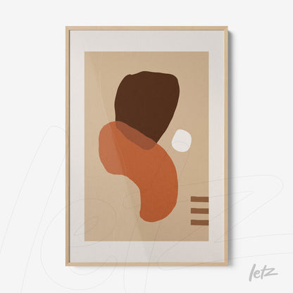 pôster abstrato com formas orgânicas em tons terrosos e moldura de madeira clara