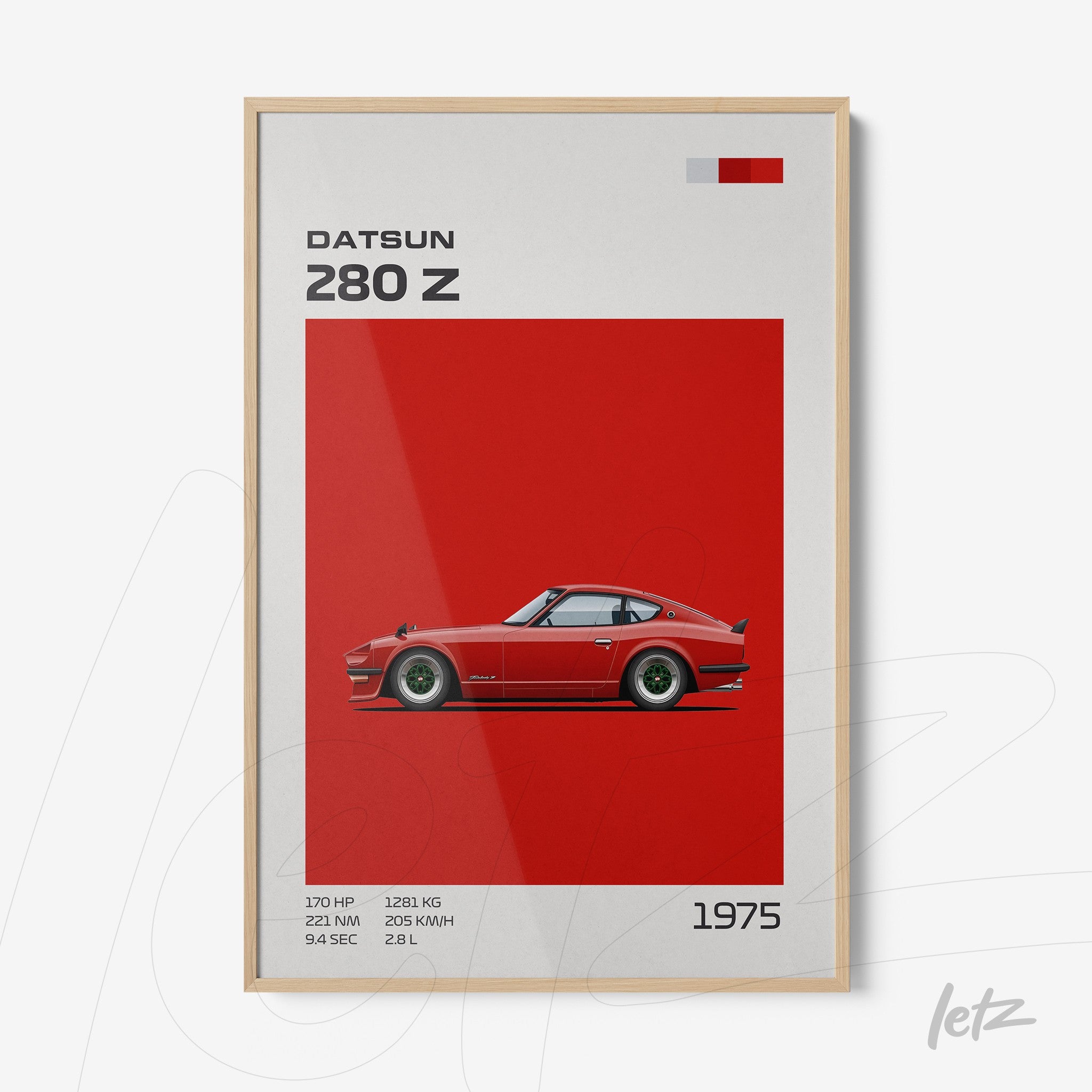 quadro com ilustração do carro Datsun 280 Z em fundo vermelho e moldura clara