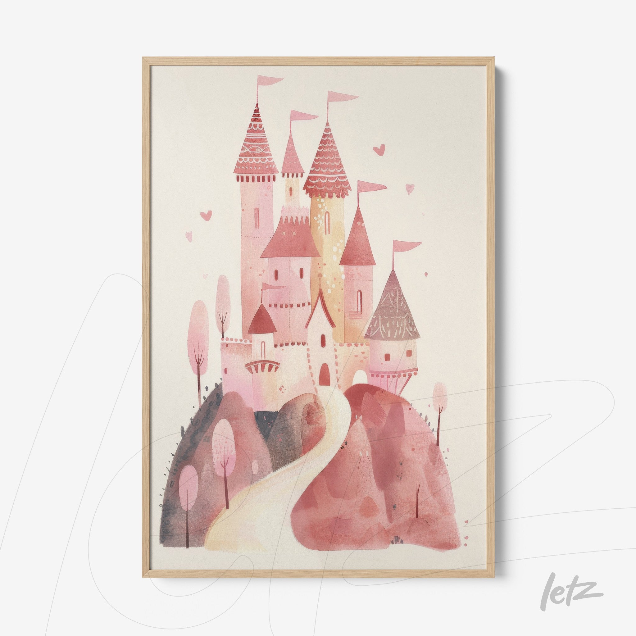 quadro com ilustração de castelo rosa em estilo infantil com moldura clara