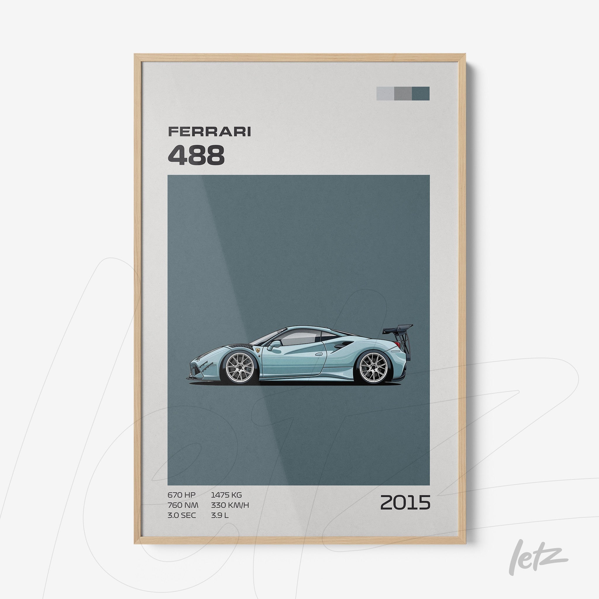 quadro com arte gráfica do carro Ferrari 488 em moldura clara, fundo azul-acinzentado