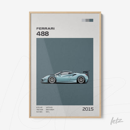 quadro com arte gráfica do carro Ferrari 488 em moldura clara, fundo azul-acinzentado