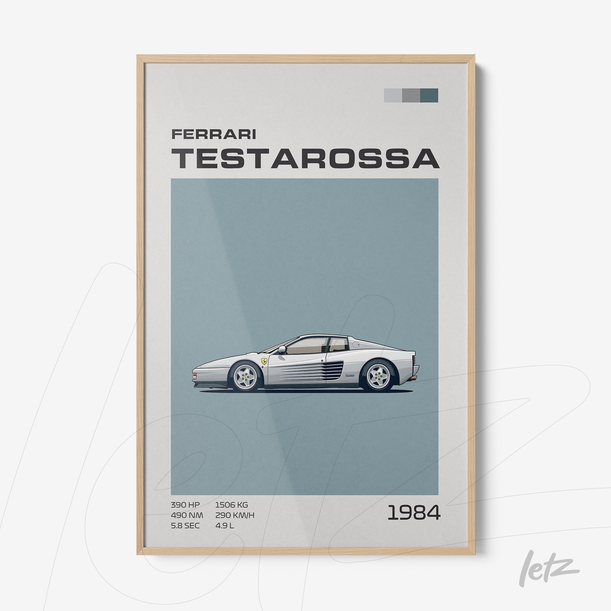 quadro com arte que ilustra um Ferrari Testarossa em estilo gráfico com fundo azul claro e moldura de madeira clara