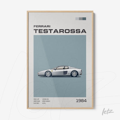 quadro com arte que ilustra um Ferrari Testarossa em estilo gráfico com fundo azul claro e moldura de madeira clara