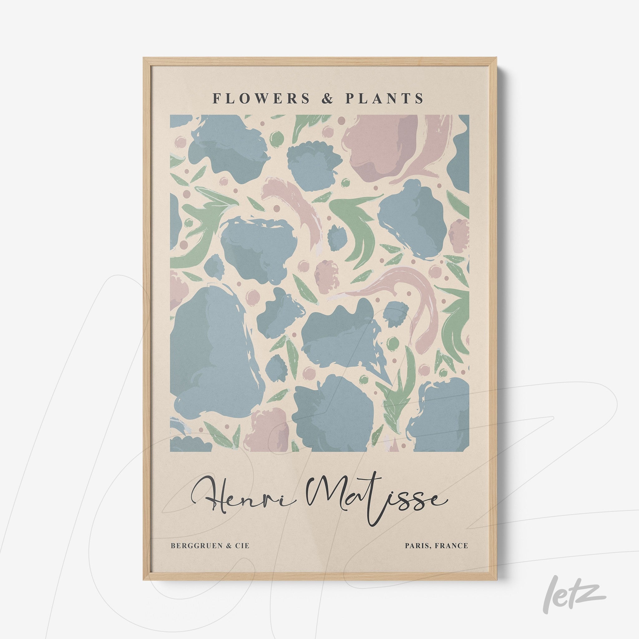 quadro com arte abstrata de flores e plantas em moldura clara