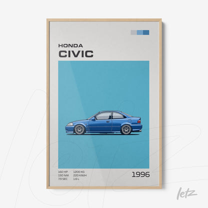 quadro com arte digital de um Honda Civic 1996 em fundo azul, moldura clara