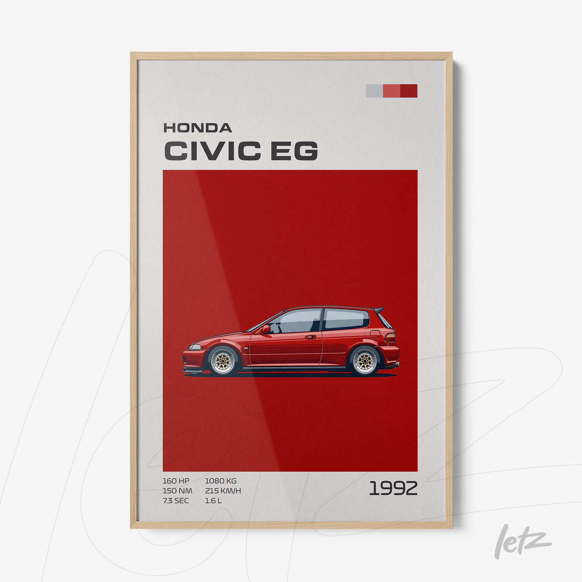 quadro com ilustração do Honda Civic EG vermelho em fundo vermelho liso e moldura clara