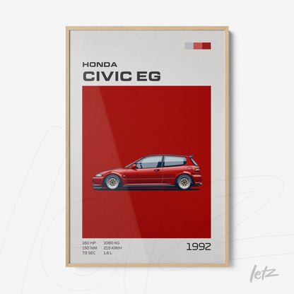 quadro com ilustração do Honda Civic EG vermelho em fundo vermelho liso e moldura clara