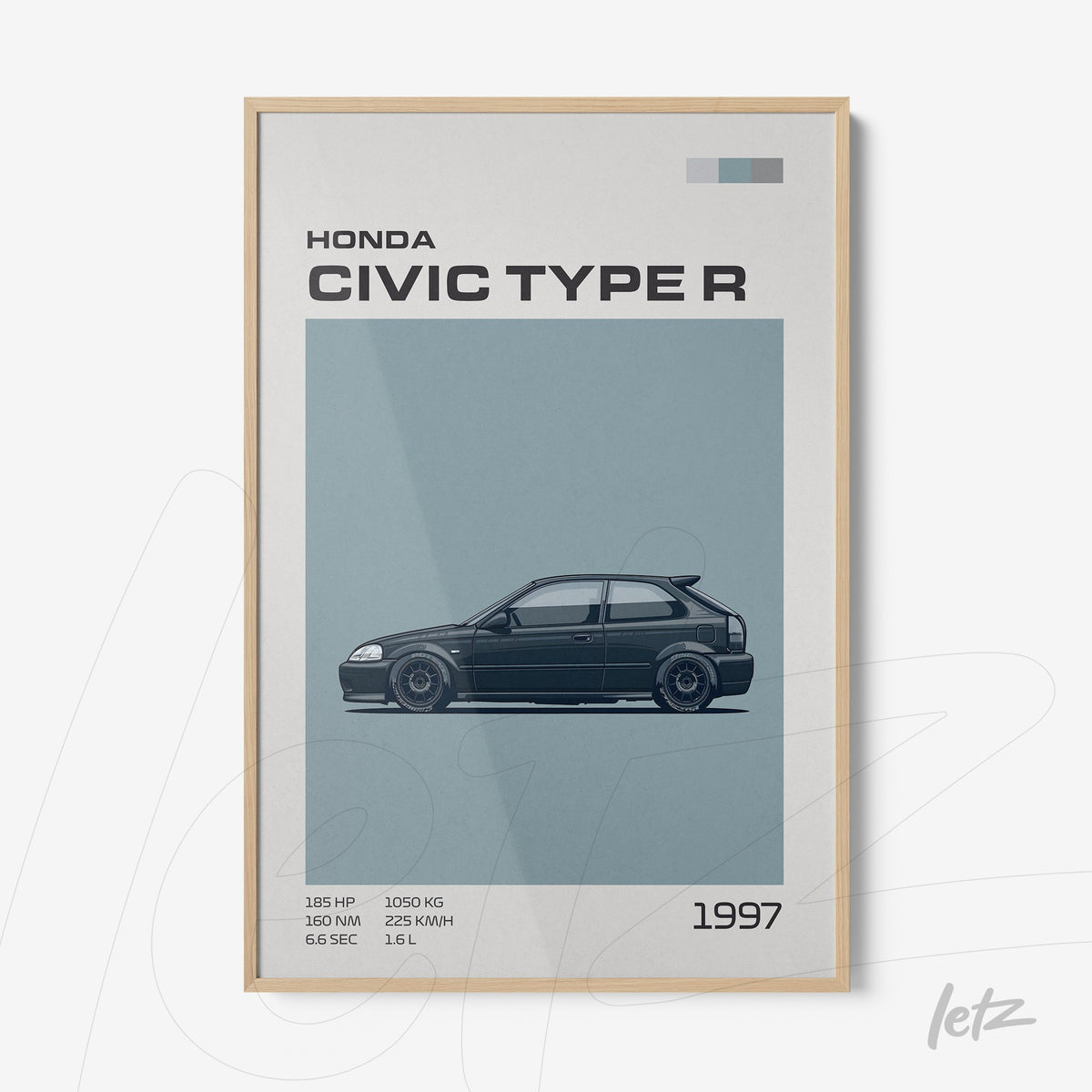 quadro com ilustração do carro Honda Civic Type R de 1997 em moldura clara