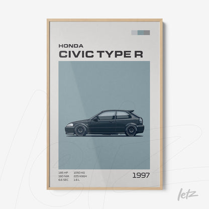 quadro com ilustração do carro Honda Civic Type R de 1997 em moldura clara