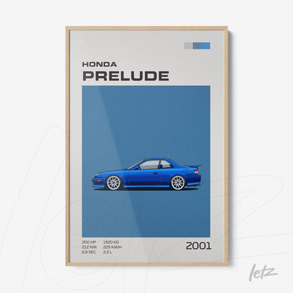 quadro com ilustração de carro Honda Prelude azul em fundo azul sólido com moldura de madeira clara