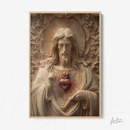 quadro em moldura clara com escultura religiosa de Jesus Cristo e o Sagrado Coração em alto-relevo