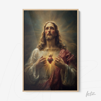 quadro com imagem clássica de Jesus Cristo em pose religiosa, com moldura clara e fundo iluminado