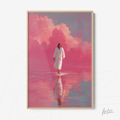 quadro com arte religiosa retratando uma figura vestida de branco caminhando sobre água em fundo rosa vibrante com nuvens