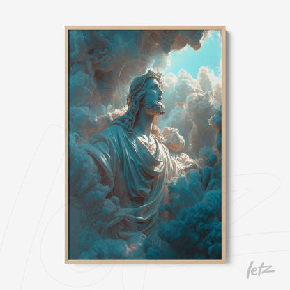 quadro com arte digital de Jesus em nuvens, com moldura de madeira clara