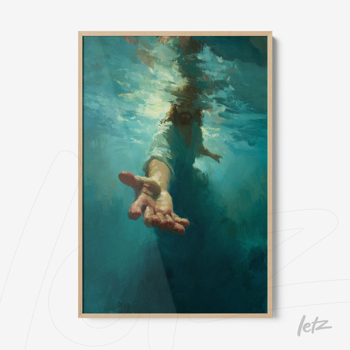 quadro em moldura de madeira clara com imagem de uma mão submersa na água em tons de azul profundo