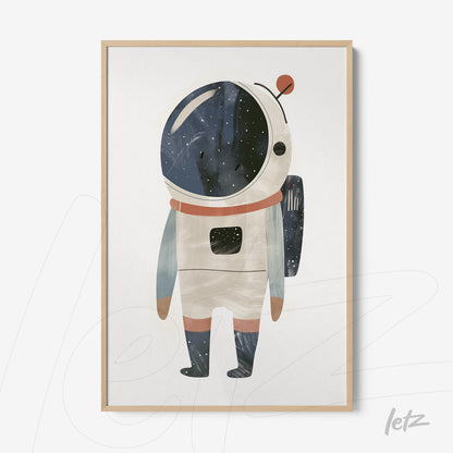 quadro com ilustração de astronauta em estilo suave, moldura clara