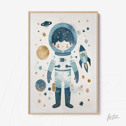 quadro com ilustração de astronauta com fundo cósmico em moldura clara