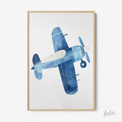 quadro com ilustração em azul de um avião visto de cima em moldura clara