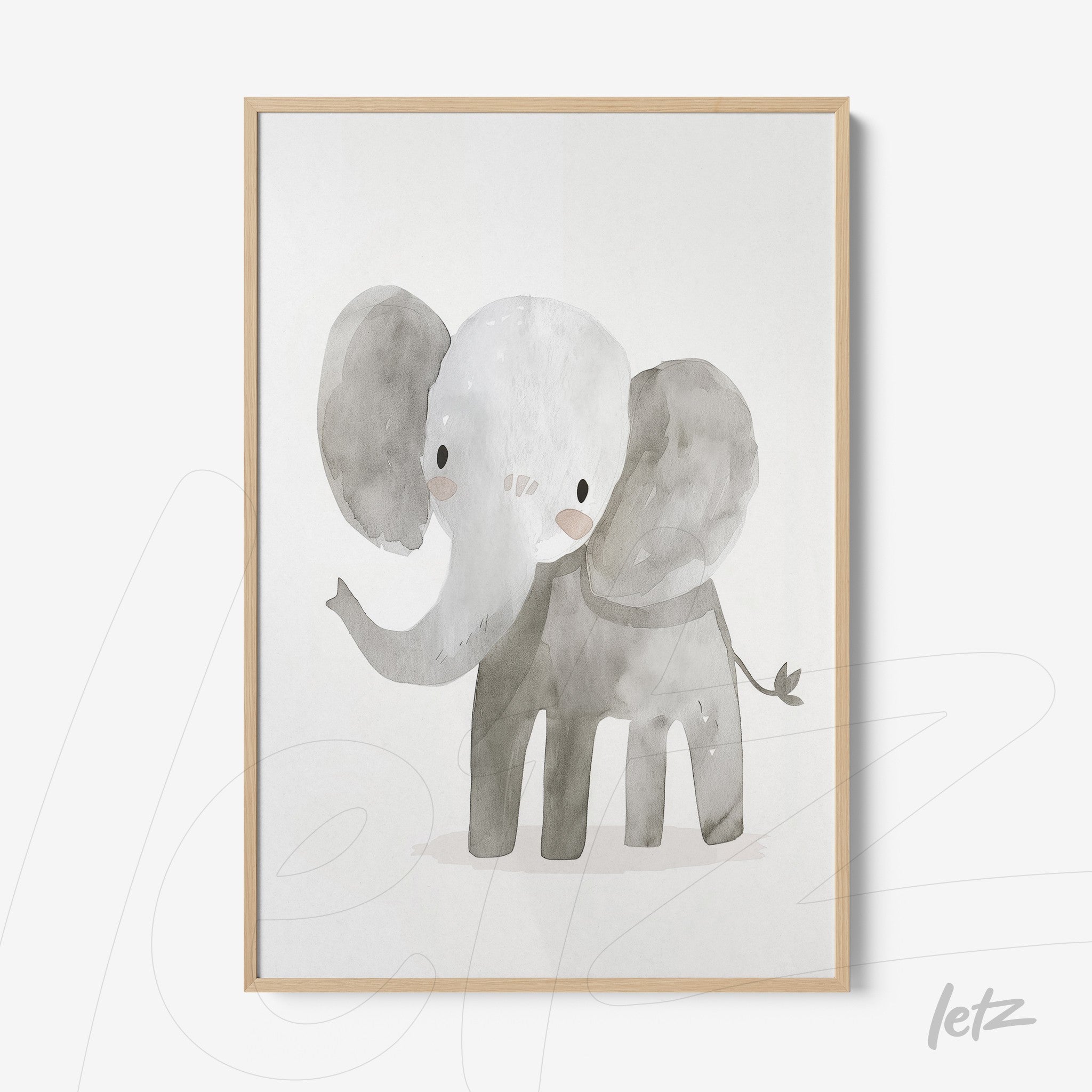 quadro com arte aquarela de elefante em moldura de madeira clara