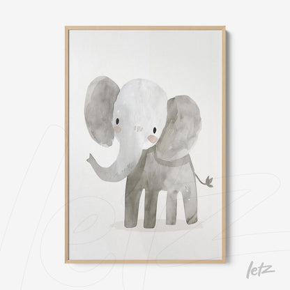quadro com arte aquarela de elefante em moldura de madeira clara