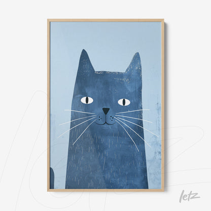 quadro com ilustração de gato azul em fundo claro, com moldura de madeira clara