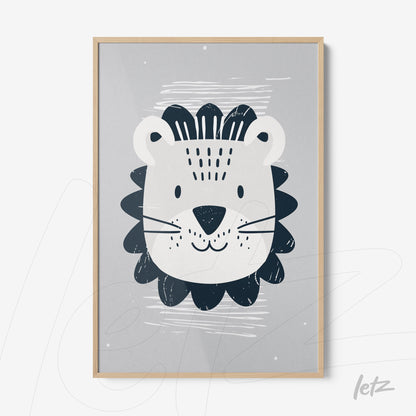 quadro com ilustração de leão em fundo cinza e moldura de madeira clara