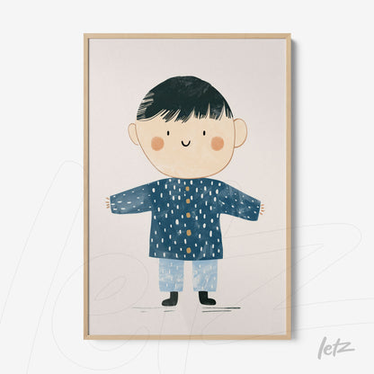 quadro com ilustração infantil de menino sorridente usando uma jaqueta azul com pontos brancos em moldura clara