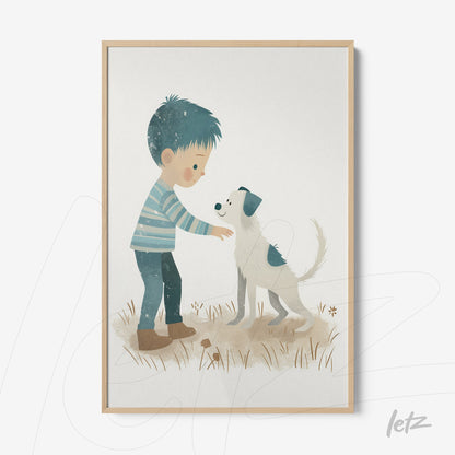 quadro com ilustração de menino interagindo com um cachorro em moldura clara