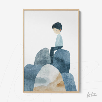 quadro com ilustração infantil de menino sentado em pedras em moldura de madeira clara