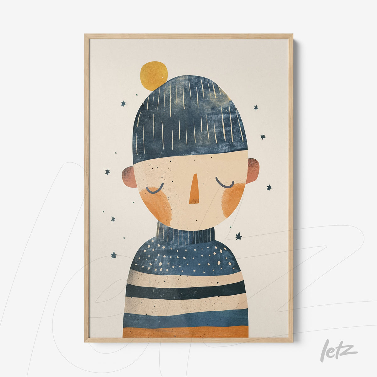 quadro com ilustração infantil de personagem com chapéu azul e listras coloridas em moldura de madeira clara