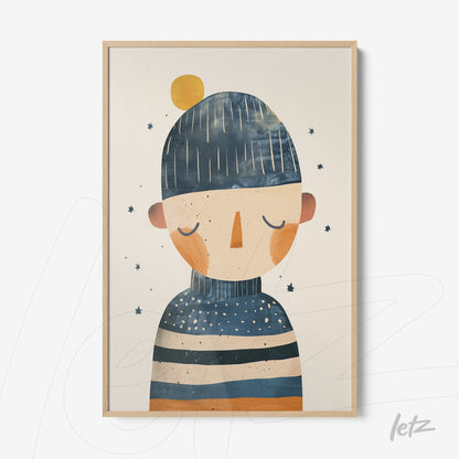 quadro com ilustração infantil de personagem com chapéu azul e listras coloridas em moldura de madeira clara