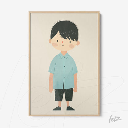 quadro com ilustração de menino sorridente em roupa azul e preto com moldura de madeira clara
