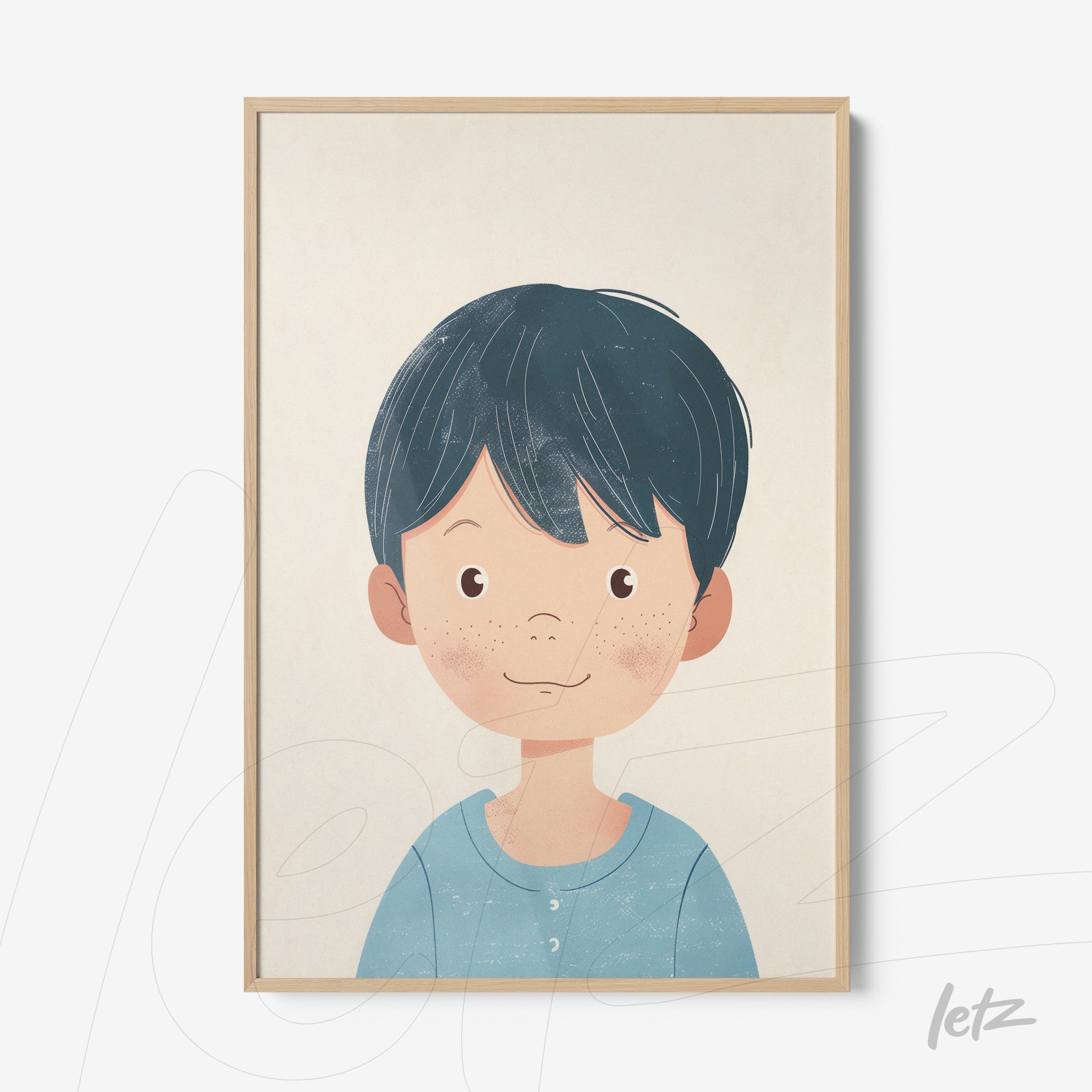 retrato ilustrado de menino com cabelo escuro e liso em moldura clara