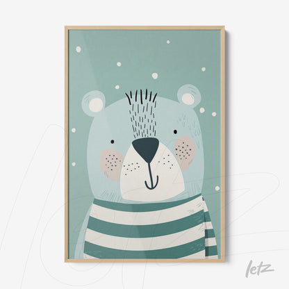 quadro com ilustração de urso fofinho em fundo azul claro com flocos de neve
