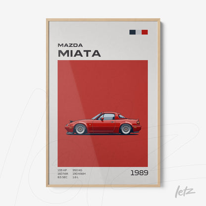 quadro com ilustração de carro esportivo vermelho Mazda Miata, com fundo vermelho e moldura clara