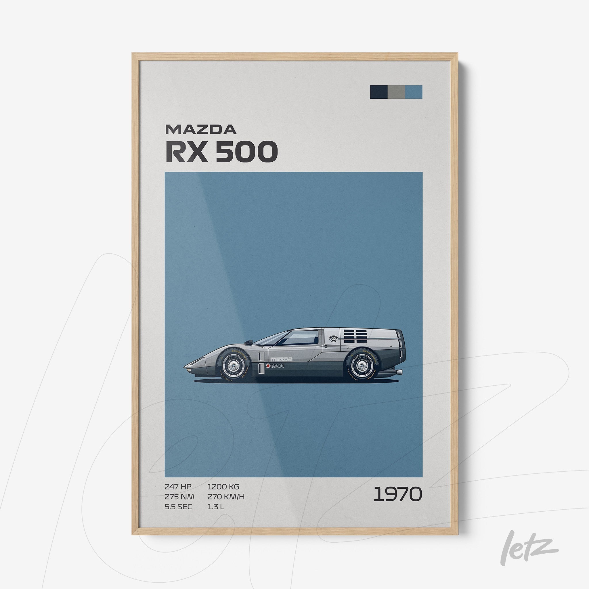 quadro com ilustração do carro Mazda RX 500 em moldura de madeira clara sobre fundo azul