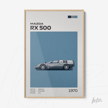 quadro com ilustração do carro Mazda RX 500 em moldura de madeira clara sobre fundo azul