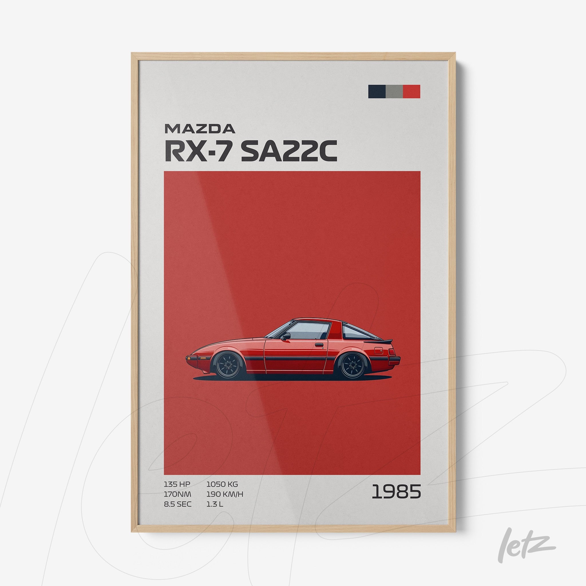 quadro com ilustração estilizada do carro Mazda RX-7 SA22C em fundo vermelho e moldura de madeira clara