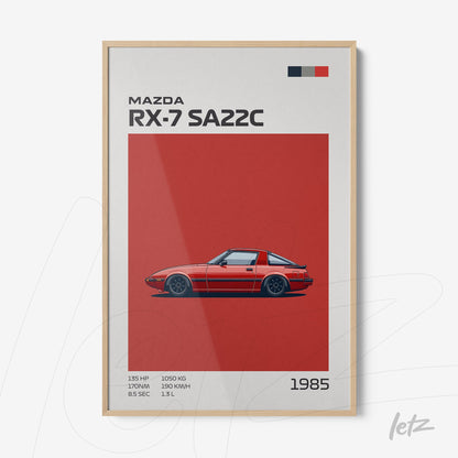 quadro com ilustração estilizada do carro Mazda RX-7 SA22C em fundo vermelho e moldura de madeira clara